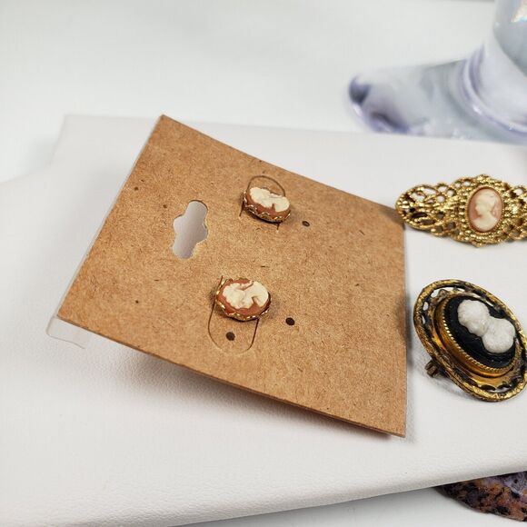 Vintage Victorian Lady Cameo Lot Bracelet Earrings Pendant Brooch Pin Gold Tone - Picture 11 of 15